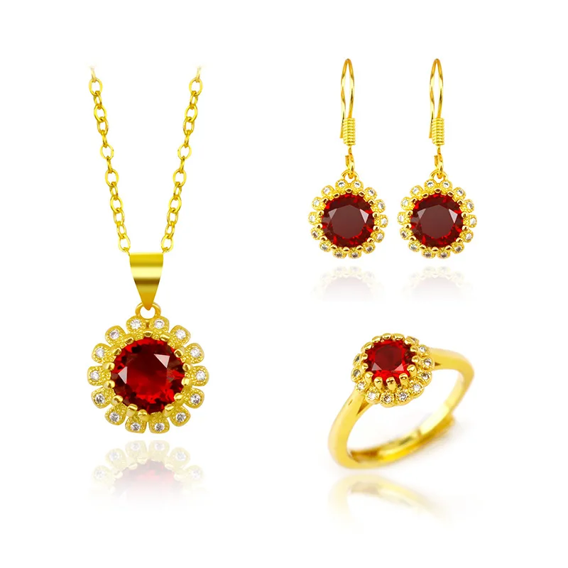 

FASHION 14K GOLD JEWELRY WOMEN'S RUBY GEMSTONE RING EARRING PENDANT NECKLACE WEDDING ANNIVERSARY GIFT WITH BIG STONE JEWELRY SET