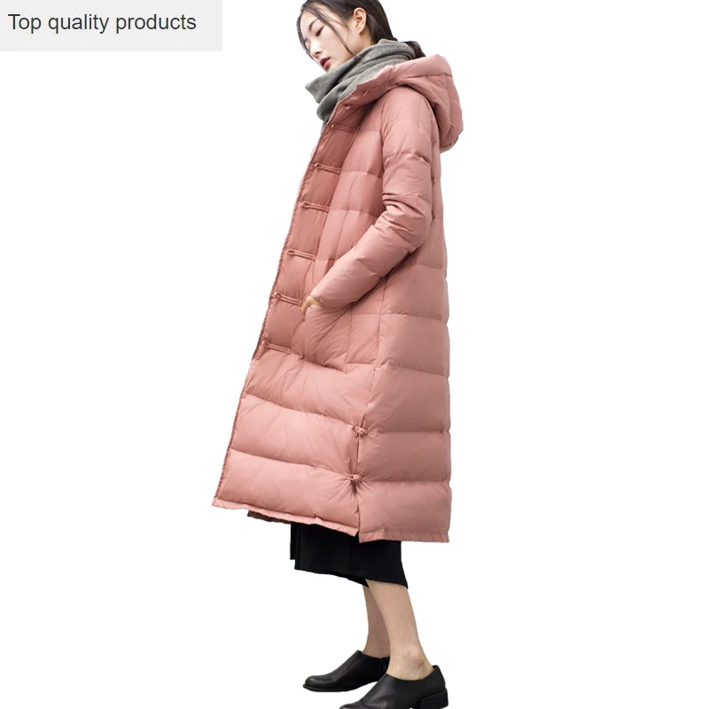 2020 New Large Women Winter Down Coat Vintage Chinese Button X-long Hooded Jackets Female Outerwear Warm OK1051 | Женская одежда