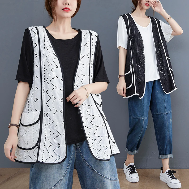 

Women Vest Summer Loose Pockets Hollow Out Fashion Soft Elegant Office Lsdy Trendy Casual White Waistcoat Simple Female Coat