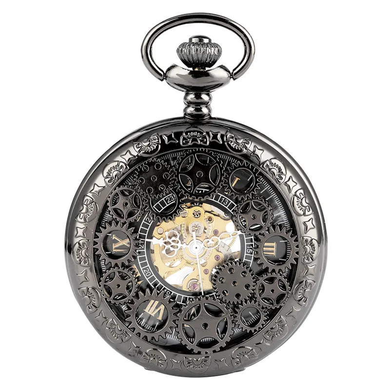 Steampunk Black Men Women Hand-wind Mechanical Pocket Watch Hollow Out Gear Case Skeleton Clock with Pendant Chain Roman Number