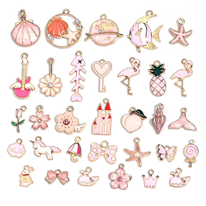 

30pcs Mixed Enamel Animal Flowers Fruit Pendant Pink Alloy Metal Drop Oil Charms Pendant Jewelry Gift Necklace Bracelet Choker