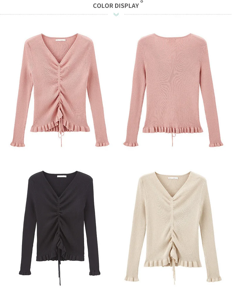 INMAN Winter Elegant Solid Color V Neck Drawstring Flower Swing Women Pullover Sweater