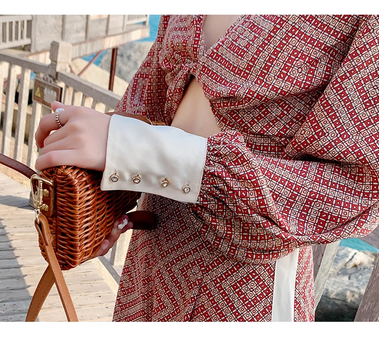 

New Summer Boho Holiday Pants Suit Women V Neck Printed Chiffon Short Tops +High Waist Split Wide Leg Suits Female Two Piece Set