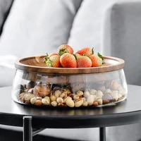 european creative double glass with wooden cover dry fruit melon seeds hard fruit plate wooden candy storage box