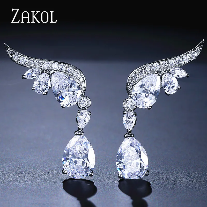 ZAKOL модные серьги-капли с кубическим цирконием и белыми крыльями для женщин
