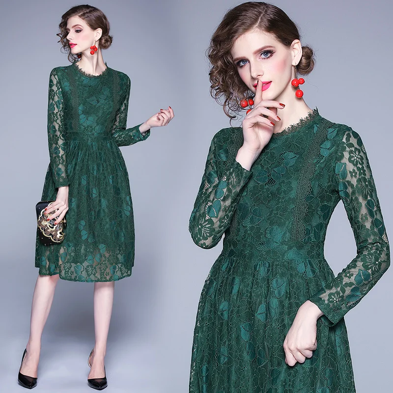 European Station Autumn New Fashion Lace Dress Long Sleeve Slim Long Skirt