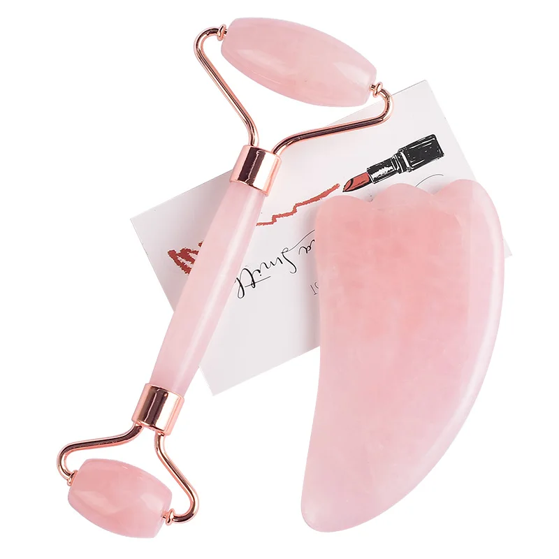

Natural Rose Quartz Jade Stone Roller and Guasha Massage Tools Lifting Face Scratching Body Neck Pain Reliever Women Beauty Care