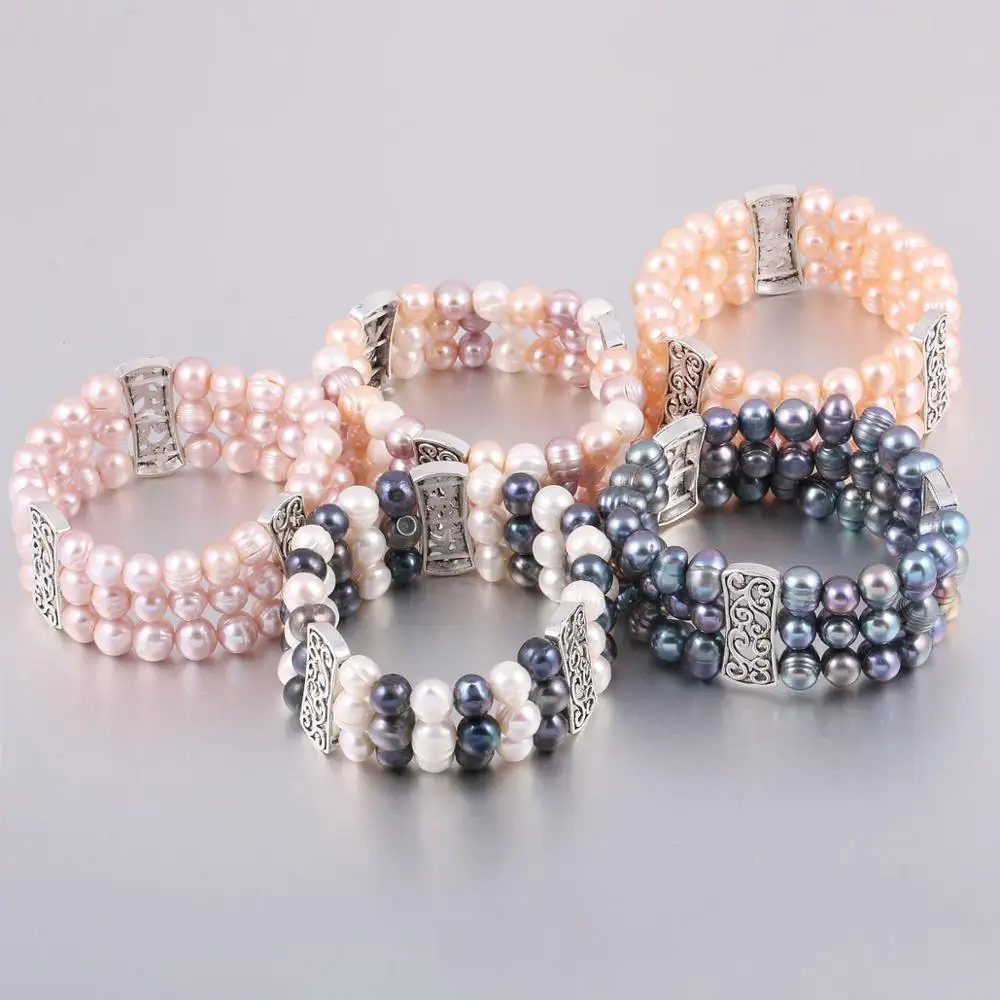 

New 8-9mm Pearl Three-row Zinc Alloy Accessories Bracelet Simple And Stylish DIY Jewelry Gift Chain Length 19cm