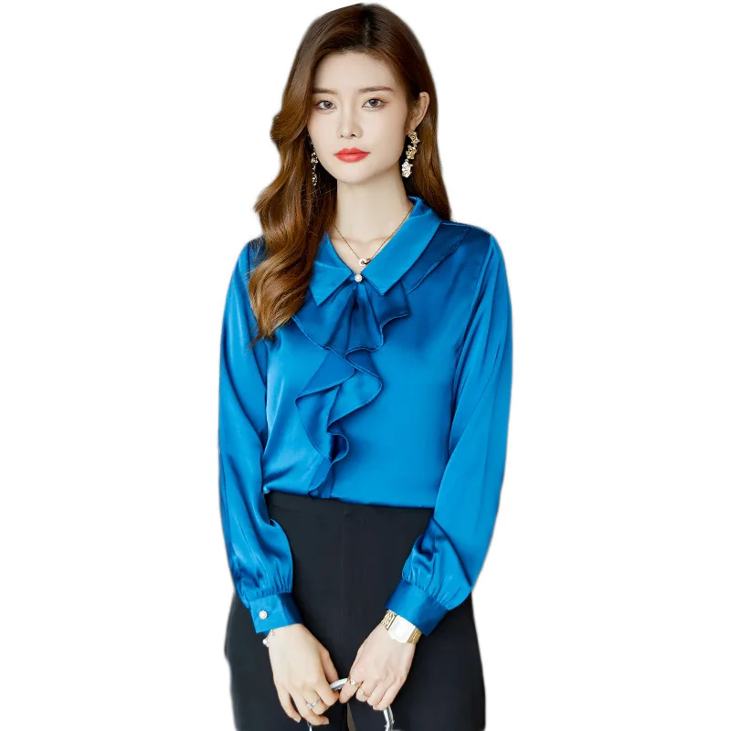 Корейская шелковая голубая рубашка с длинным рукавом 2021 осенние женские