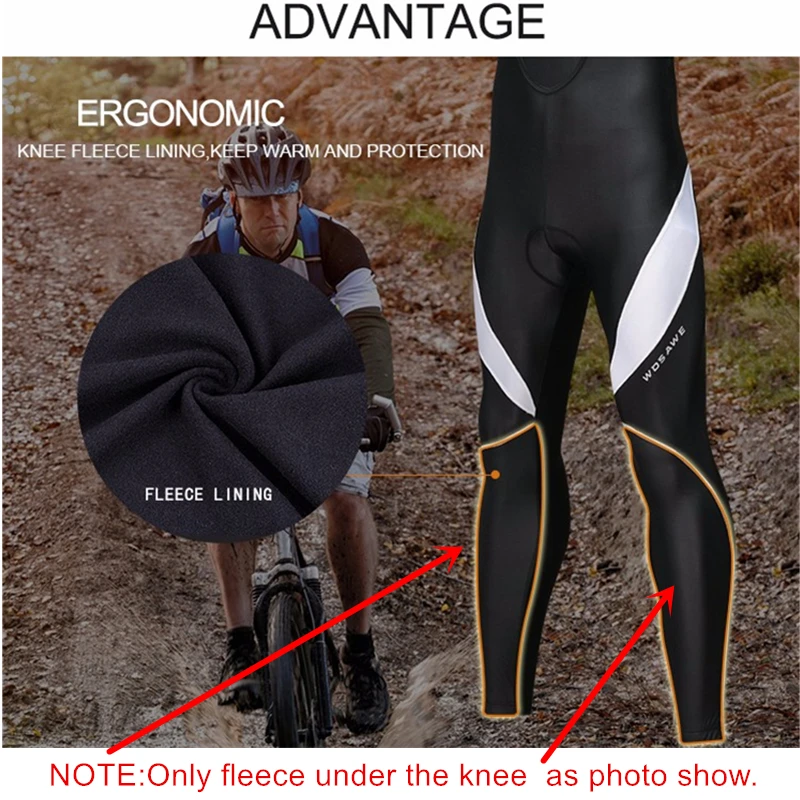 Winter Fleece Men's Cycling Pants with Bib Warm Reflective MTB Bicycle Cycle Tights Trousers Bike MTB Pants with 3D Gel Padded