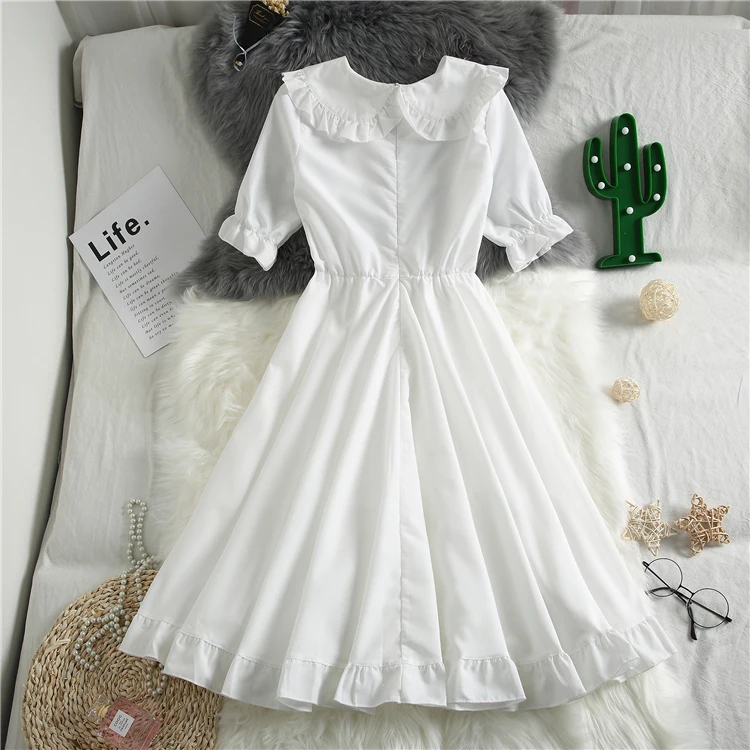 Летнее белое платье с оборками сказочное воротником питер пэн и высокой талией