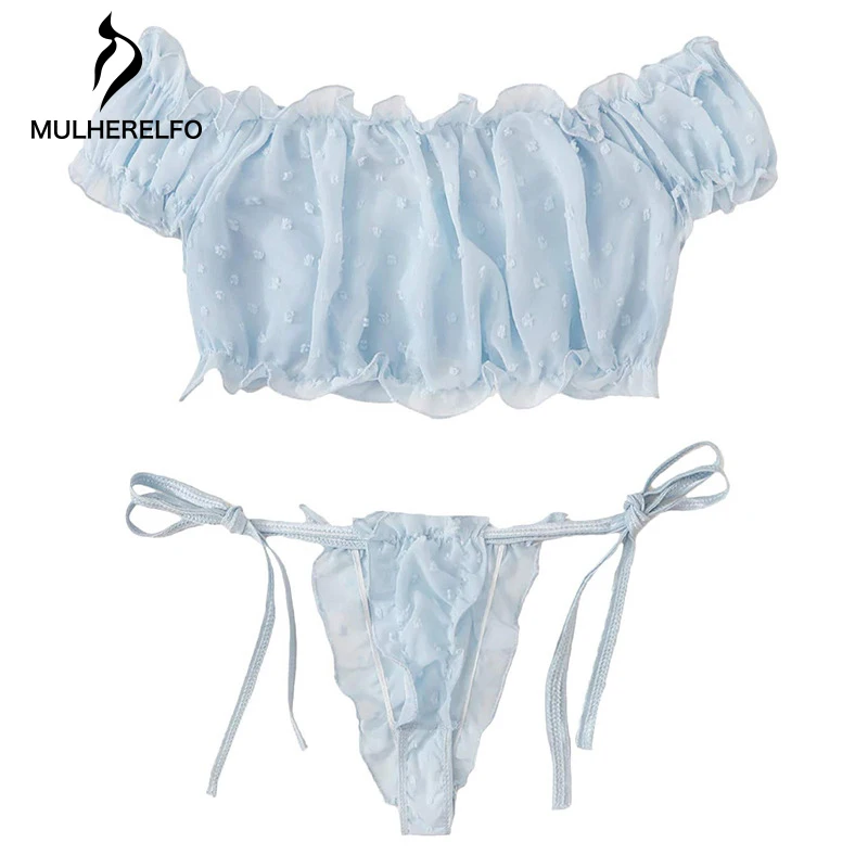 

Erotic Transparent Mesh Women's Underwear Suit Sexy Stitching Ruffled Female Lingerie Set Temptation Hollow Bow Lace-Up Homewear