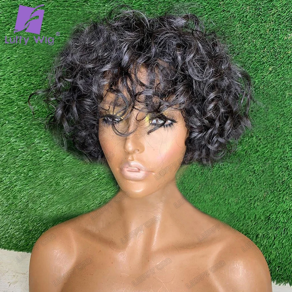 Short Curly Scalp Top Human Hair Wig With Bangs For Women 180 Density Glueless Remy Brazilian Full Machine Made Wig Luffywig