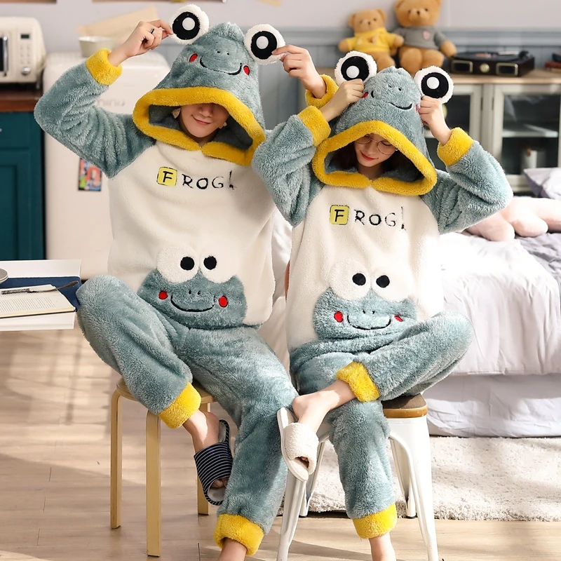 

Adult Flannel Sleepwear Thicken Warm Couple Pajama Sets Long Sleeve Pyjamas Cartoon Cute Homewear Female Winter Home Suit
