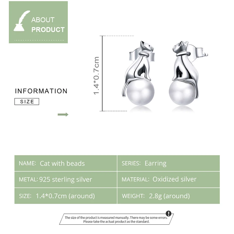 

bamoer Silver Cute Cat Stud Earrings 925 Sterling silver Gentle Animal Earring For Women Wedding Engagement Shell Pearl SCE1004