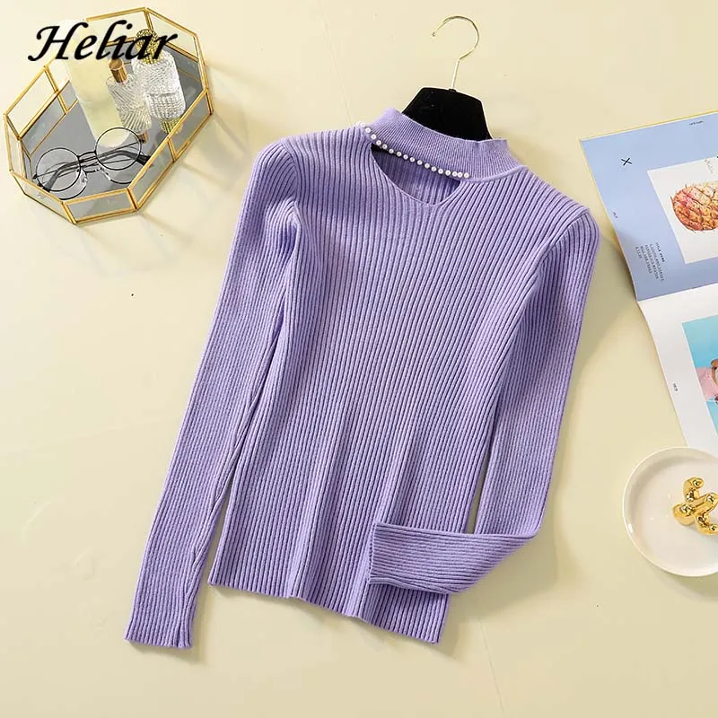 Женский свитер с круглым вырезом Heliar однотонный облегающий вязаный отделкой