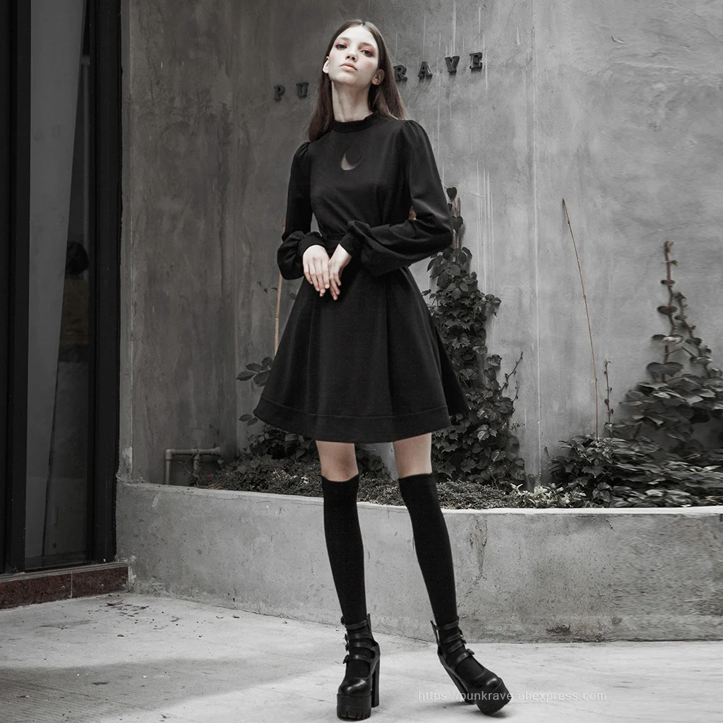 PUNK RAVE Women's Gothic High Collar Collect Waist Dress Knit Belt Sexy Retro Lantern Sleeve Women Dresses | Женская одежда