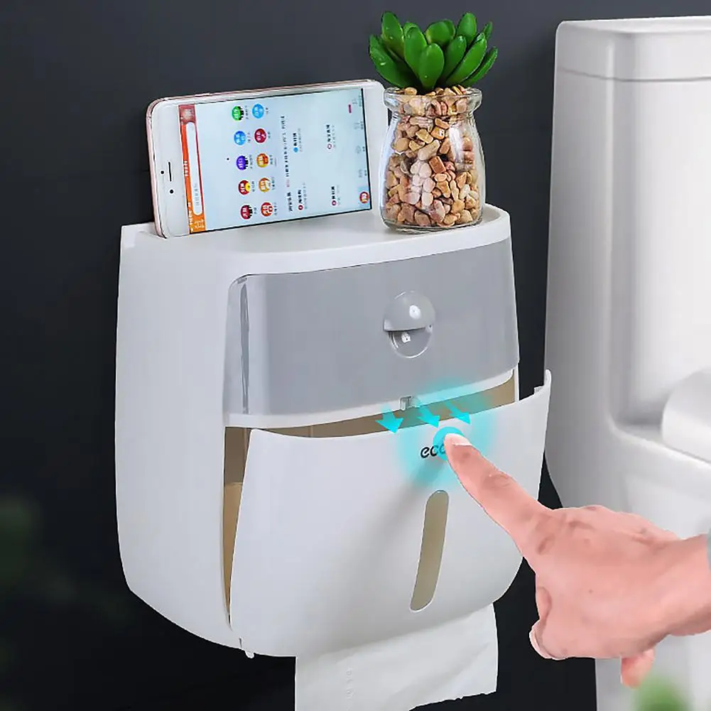 

Double Layer Waterproof Wall Mount Toilet Paper Towel Holder Shelf Storage Box
