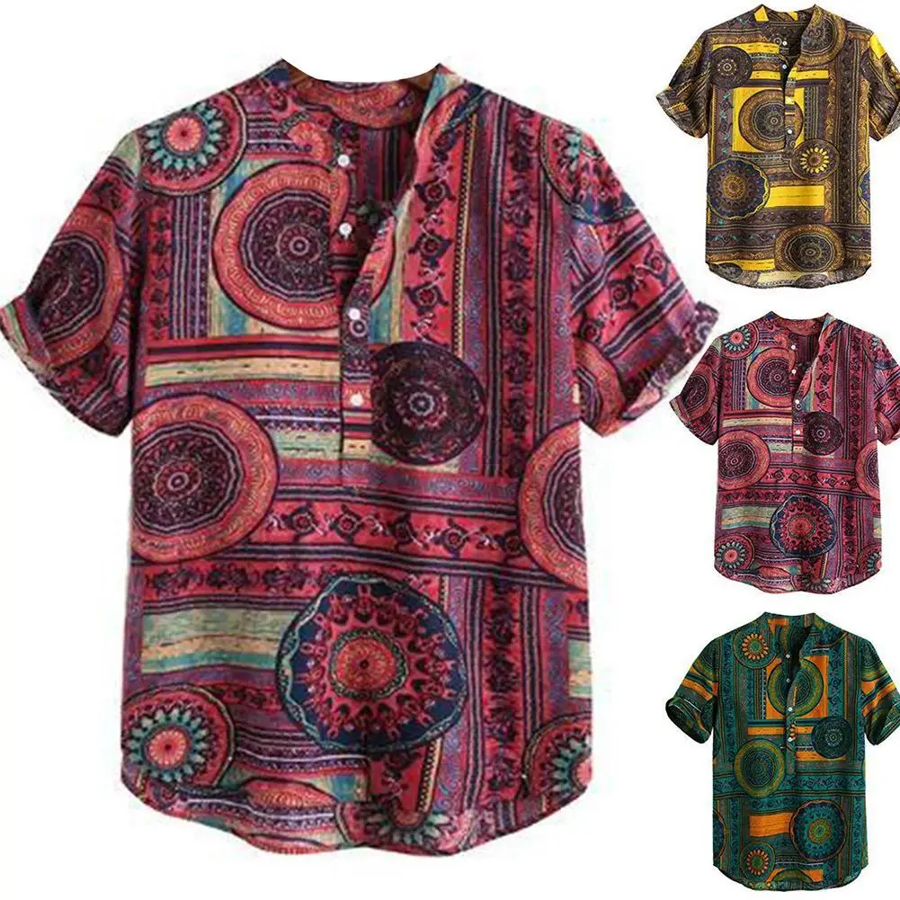 

Summer Men Color Block Ethnic Geometry Print Short Sleeve Buttons Pullover Shirt