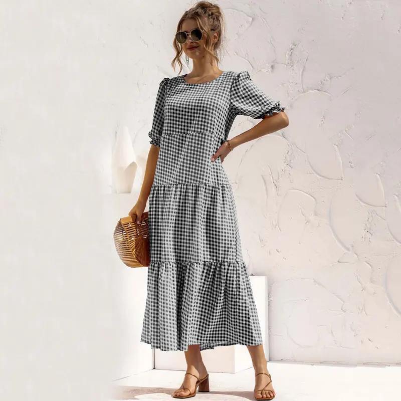 

Summer Elegant Long Plaid Dress Women Long Checkered Dots Maxi Dress Ladies Short Sleeve Loose Robe Longuette Printed 2021 New