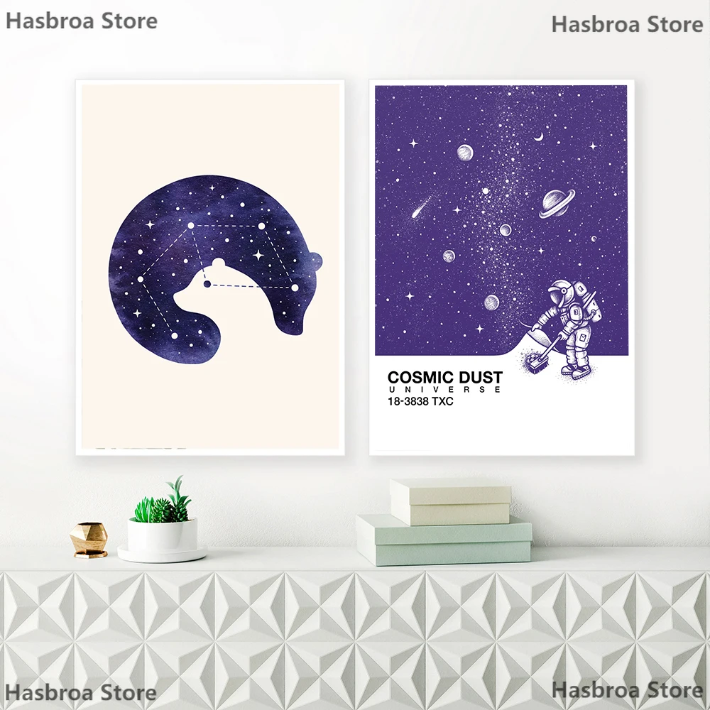 Детская постерная стена Современные минималистические рисунки космической пыли любви космической звезды для детской комнаты на фоне домашнего декора.