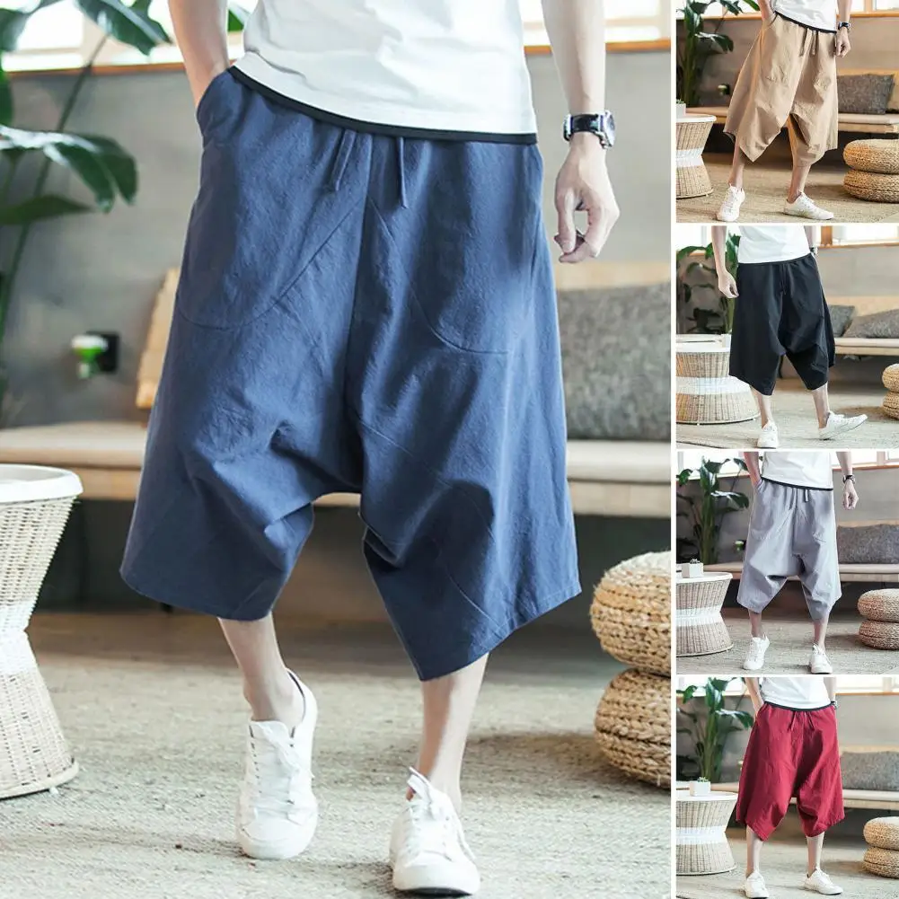 

Summer Harem Pants Men Casual Men Capri Pants Drop Crotch Solid Color High Waist Baggy Cropped Trousers Streetwear Dropshipping