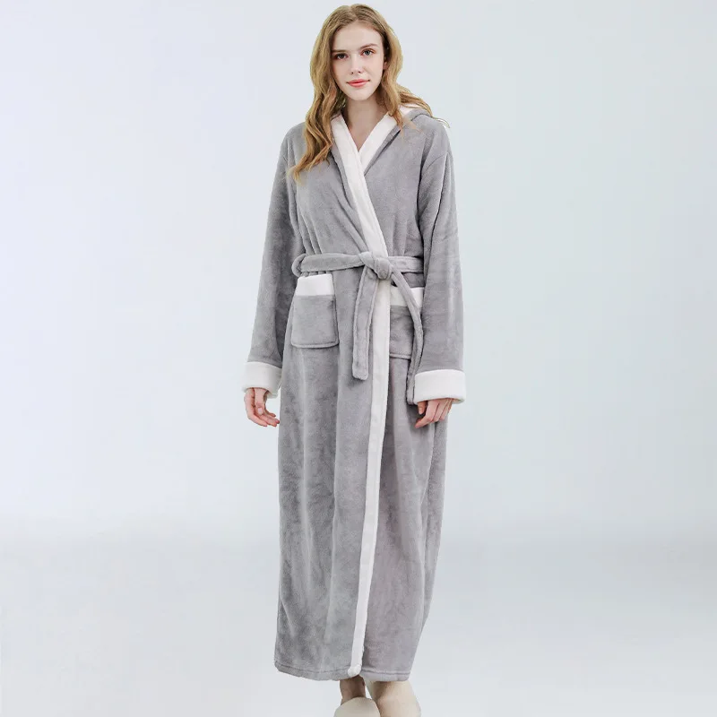 

Thickened Extra Large-Size Bathrobe Hooded Color Contrast Ladies' Homewear Nightgown Robes for Women Sleepwear
