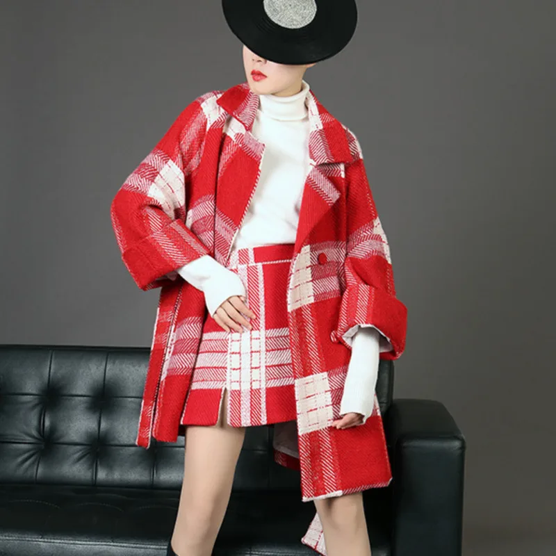 LANMREM красное двубортное шерстяное пальто с длинным рукавом высокой талией юбка
