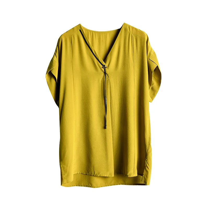 Женская офисная блузка из 100% натурального шелка с V образным вырезом и коротким