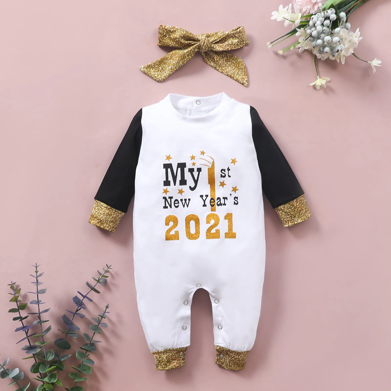 

0-12M 2021 Print Baby Rompers Newborn Toddler Cartoon Happy New Years Letter Romper Infant One-Pieces Jumpsuit with Headbands