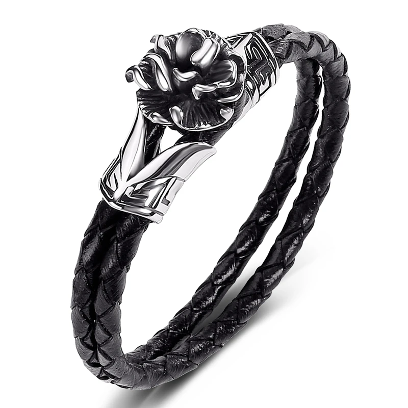 

Black Red Genuine Leather Braided Bracelet Men Jewelry Punk Party Bangles Stainless Steel Flower Shape Male Wristband Gifts P538