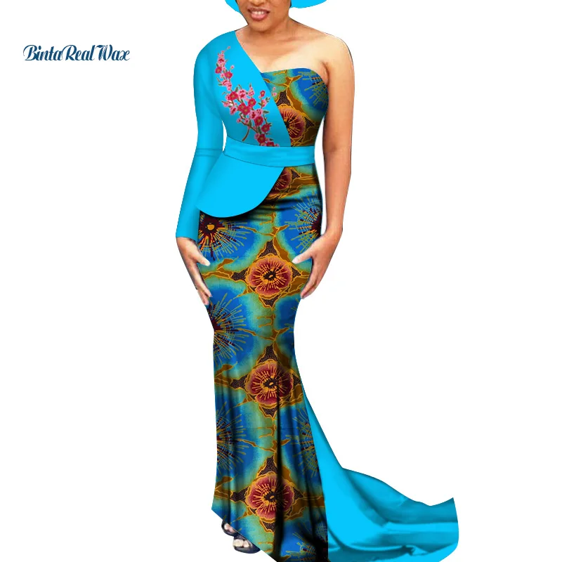 

Dashiki African Print Dresses for Women Bazin Riche One-shoulder Applique Flower Long Evening Dresses African Clothing WY3530