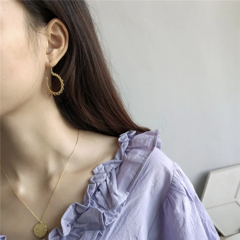 

POFUNUO Women Luxury Real 925 Sterling Silver Drop Earrings Lace Circle C Shape Charm Drop Earrings Female Gold Niche Earrings