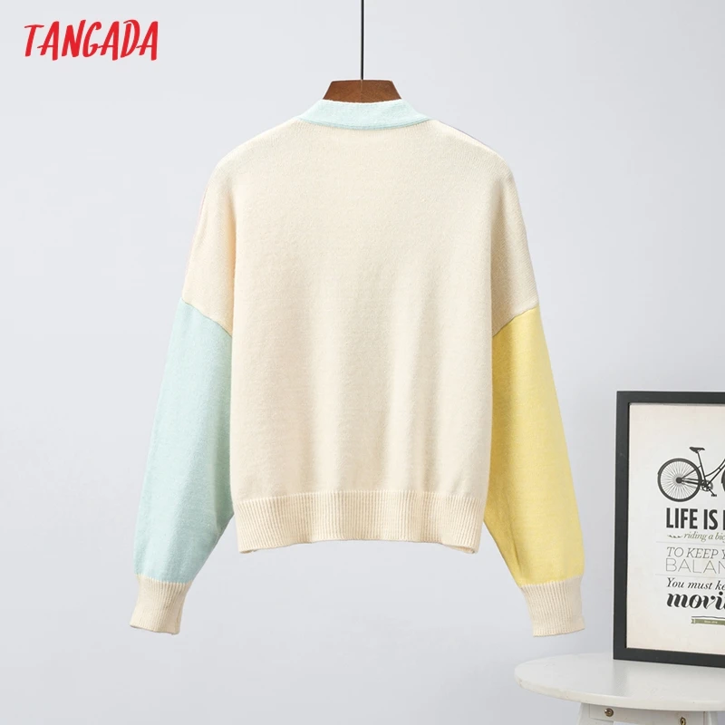 

Tangada Women Block Color Crop Cardigan Vintage Jumper 2021 Knitted Cardigan Coat 7A16