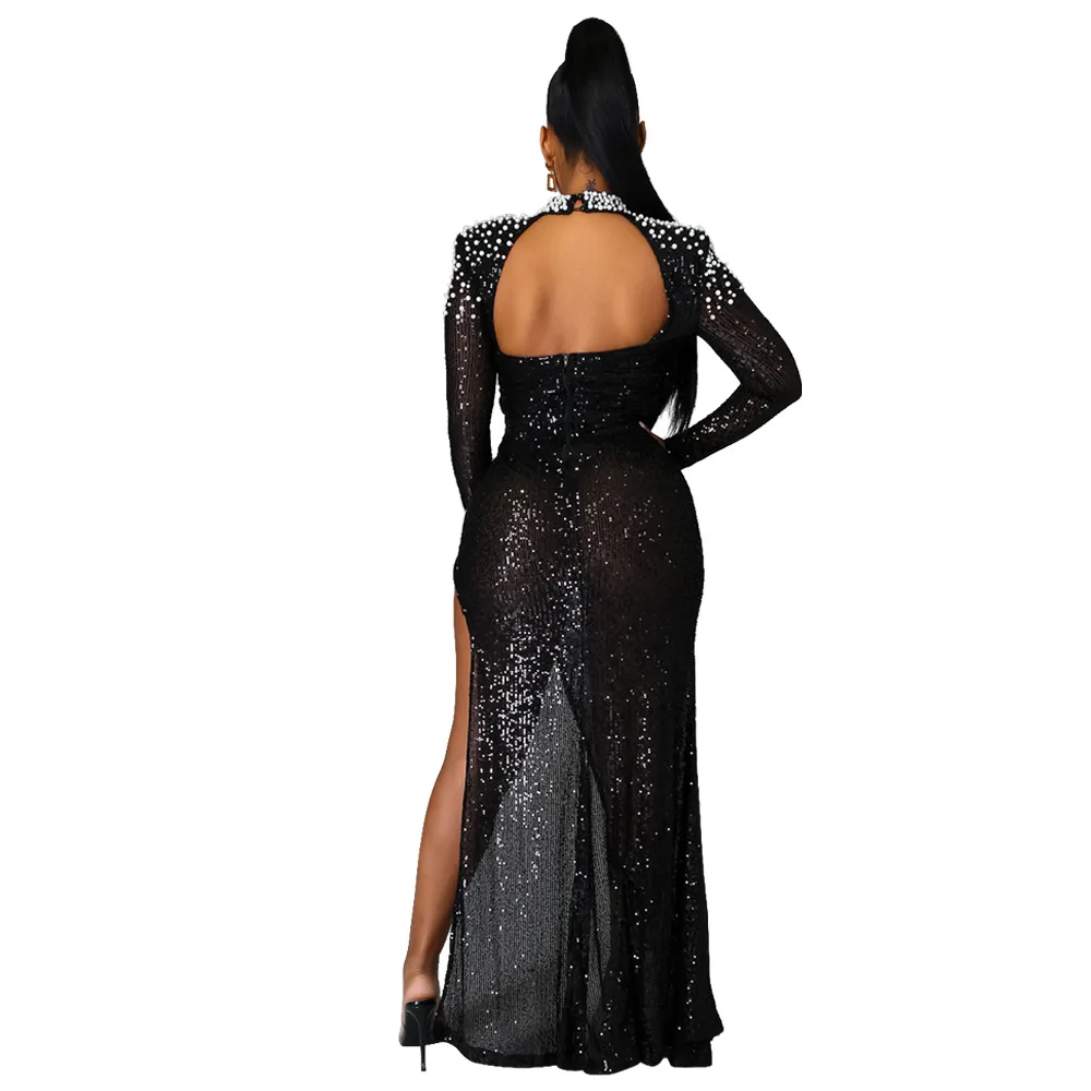 

INS Hottest Sparkling Sequins Women Sexy O-neck Floor-Length Dress 2021 Spring Lady's Backless High Split Fashion Gown Dresses