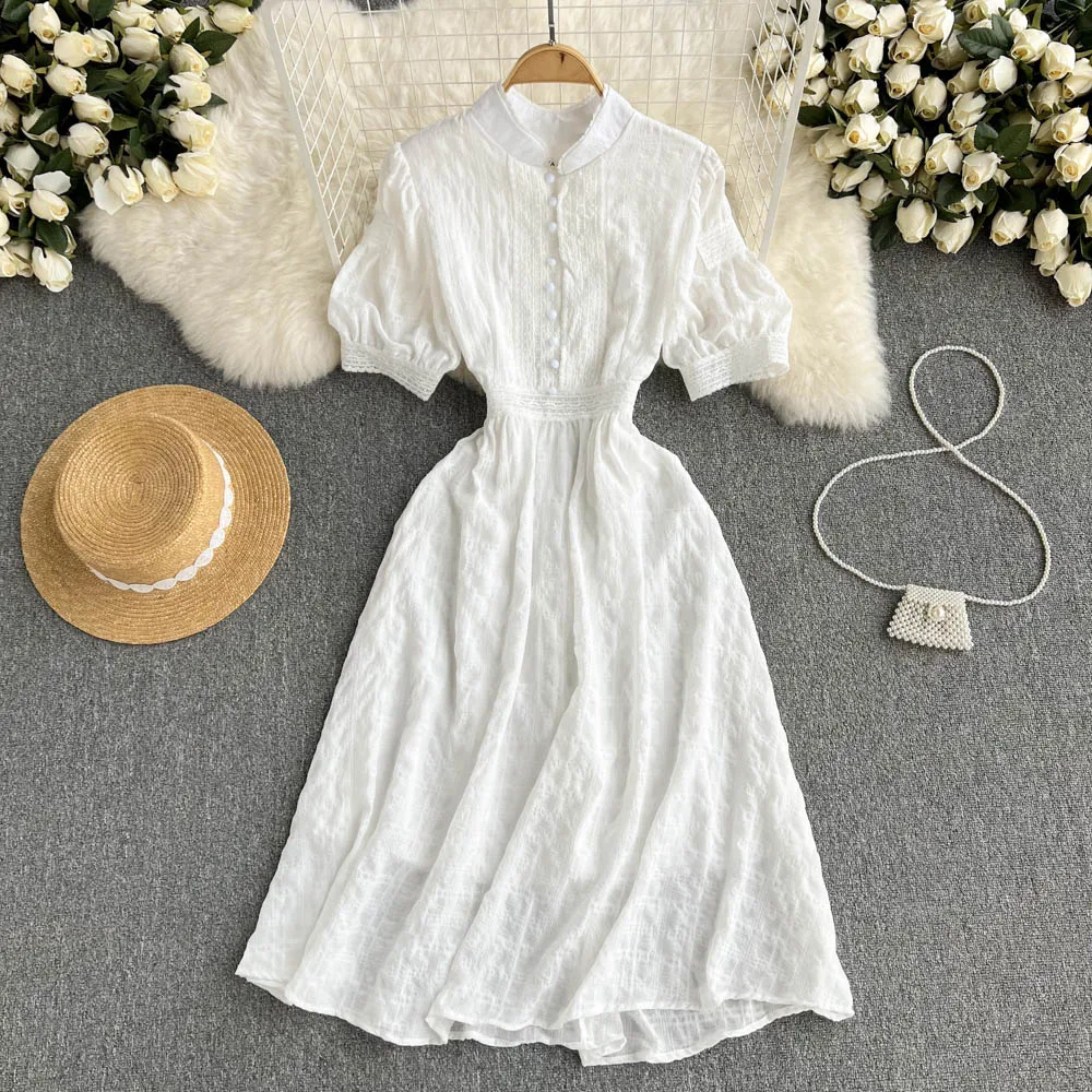 

C320 Women New Fashion Stand Neck Sweet Slim White Short Sleeve A-line Dress Elegant Clothes Vintage Korean Vestidos De Mujer