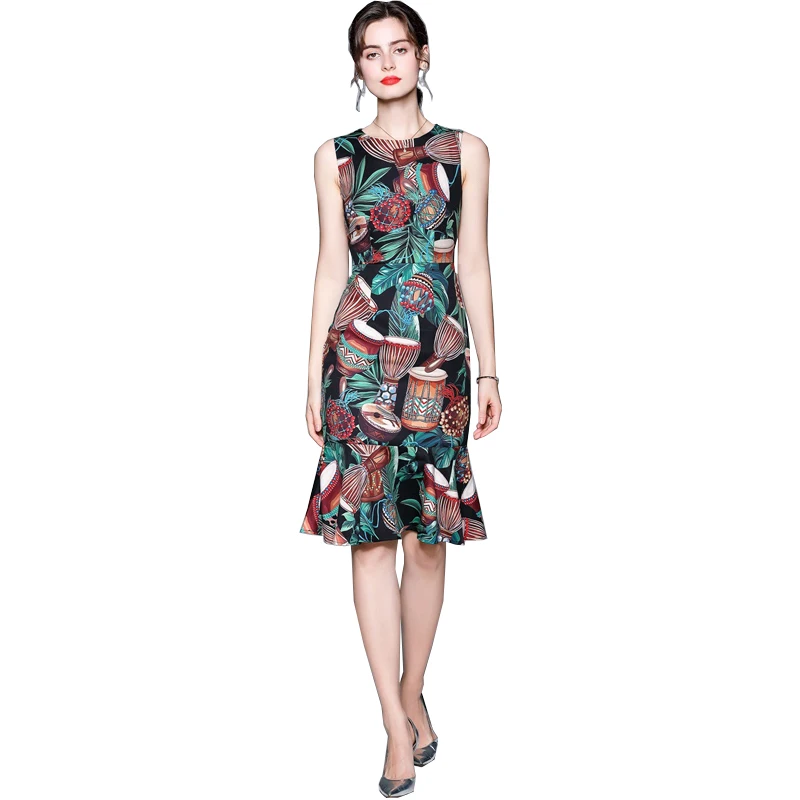 

Vestidos De Fiesta 2021 Newest Fashion Designer Sleeveless Summer Dress O-Neck Vintage Floral Print Mermaid Elgant Dresses