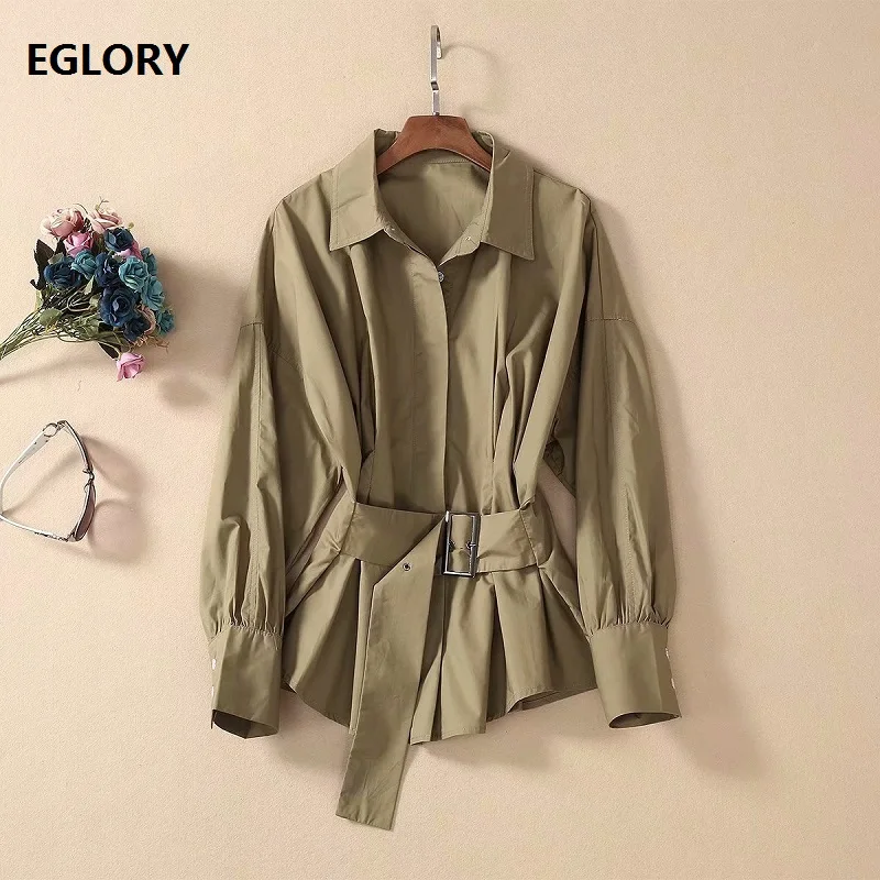 

High Quality Shirts 2020 Spring Fashion Black Green Blouses Women Turn-down Collar Belt Patchwork Long Sleeve Casual Work Shirts