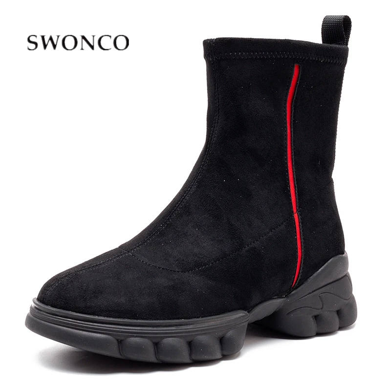 

SWONCO Casual Shoes Women Short Ankle Boots Black 2019 New Female Stretch Martin Boots Slip On Fashion Autumn Short Boot Womans