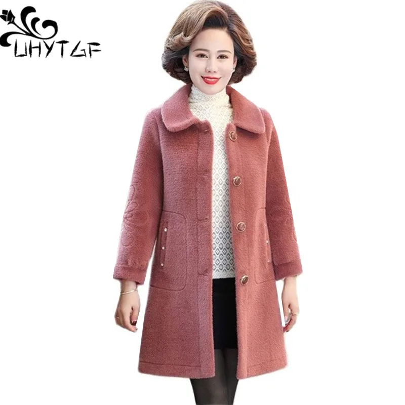 UHYTGF Quality Mink Fleece Autumn Winter Woolen Jacket Women Middle-Aged Elderly Casual Warm Loose Size Coat Mother Outerwear 25