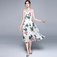 banulin high quality 2021 summer bohemian holiday dress women spaghetti strap flower print runway elegant midi dress vestidos