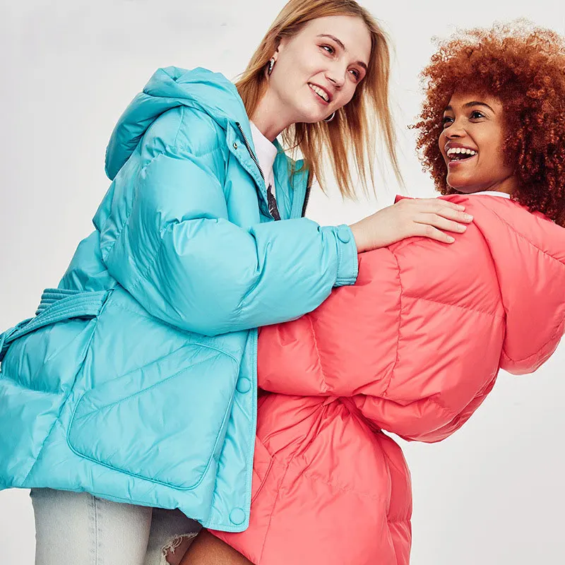 

Женское зимнее модное пальто 2021 года, куртки на белом утином пуху с длинным рукавом и капюшоном, плотное теплое пальто, Женское пальто