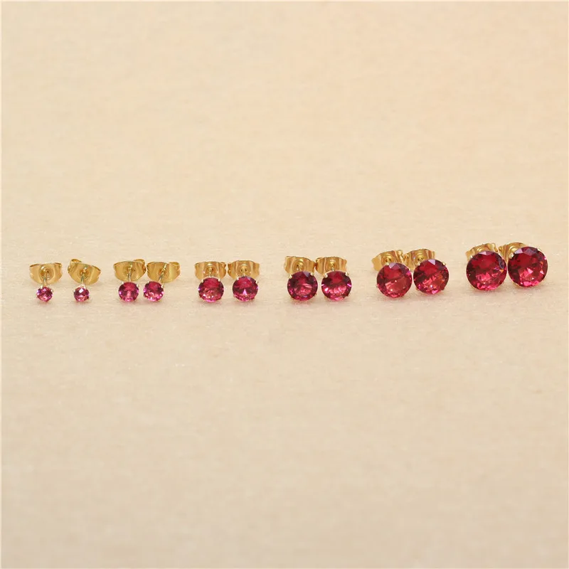 

316 L Stainless Steel Stud Earrings 3mm to 8mm Round Hot Pink Zircons Real Golden-color Plating No Easy Fade Allergy Free