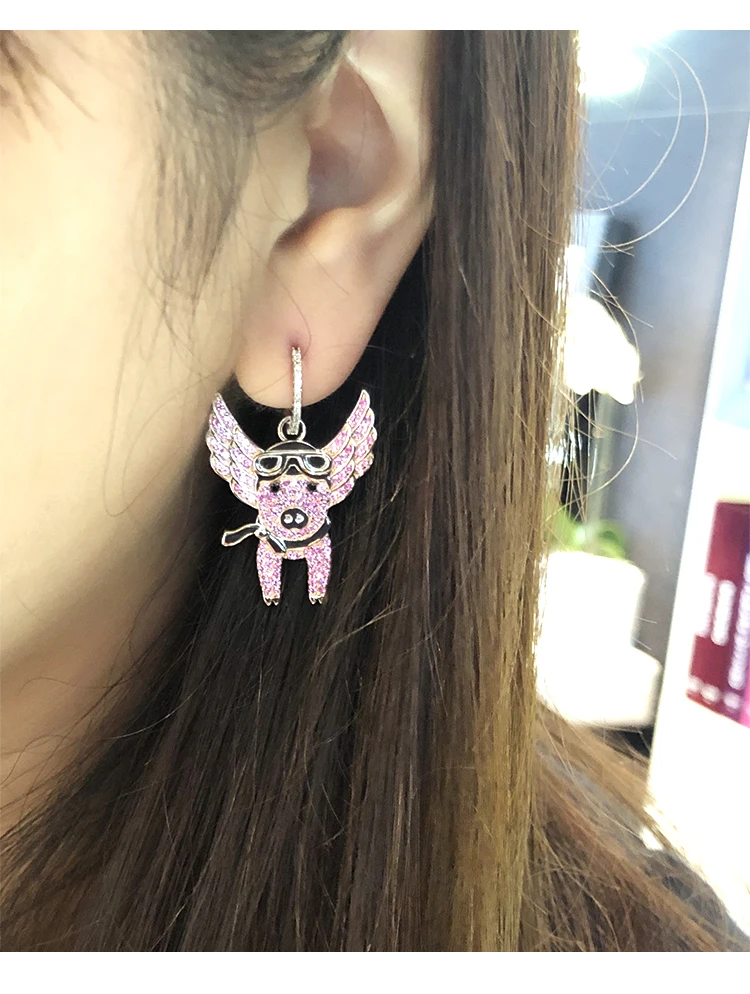 fashion monaco jewelry LAVIATEUR earrings pink white zircon stone flying pig women accessories fly | Украшения и аксессуары