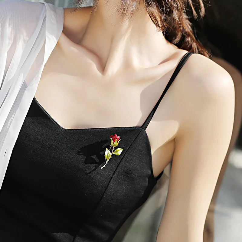 

Goldtone Rose Brooch withGreen Leaf Valentines Day Gift for Her Figural Rose Jewelry Rose Flower Floral Pin Brooch KL39FH