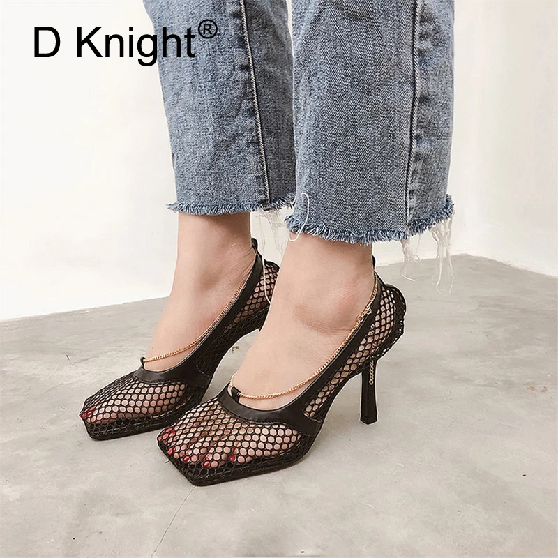 Женские сетчатые туфли-лодочки с квадратным носком на высоком каблуке