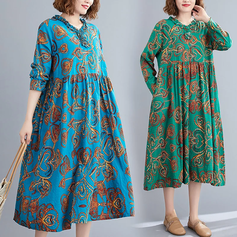 

Винтажные платья из хлопка и льна с длинным рукавом и цветочным принтом, женское повседневное свободное женское платье, элегантная одежда, ...