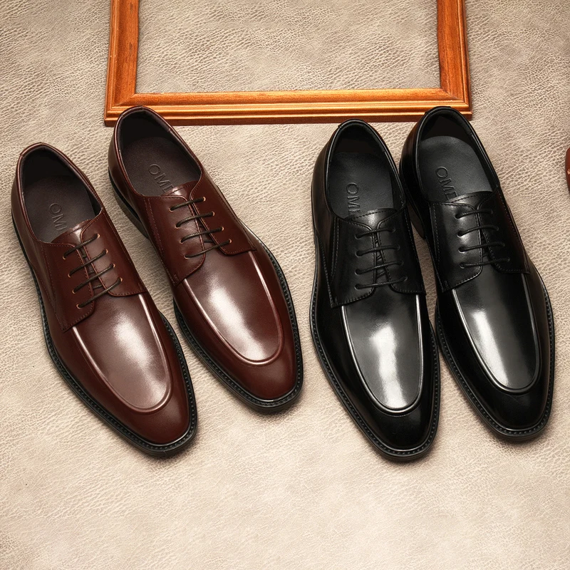 Мужские классические туфли черные из натуральной кожи на шнуровке с пряжкой