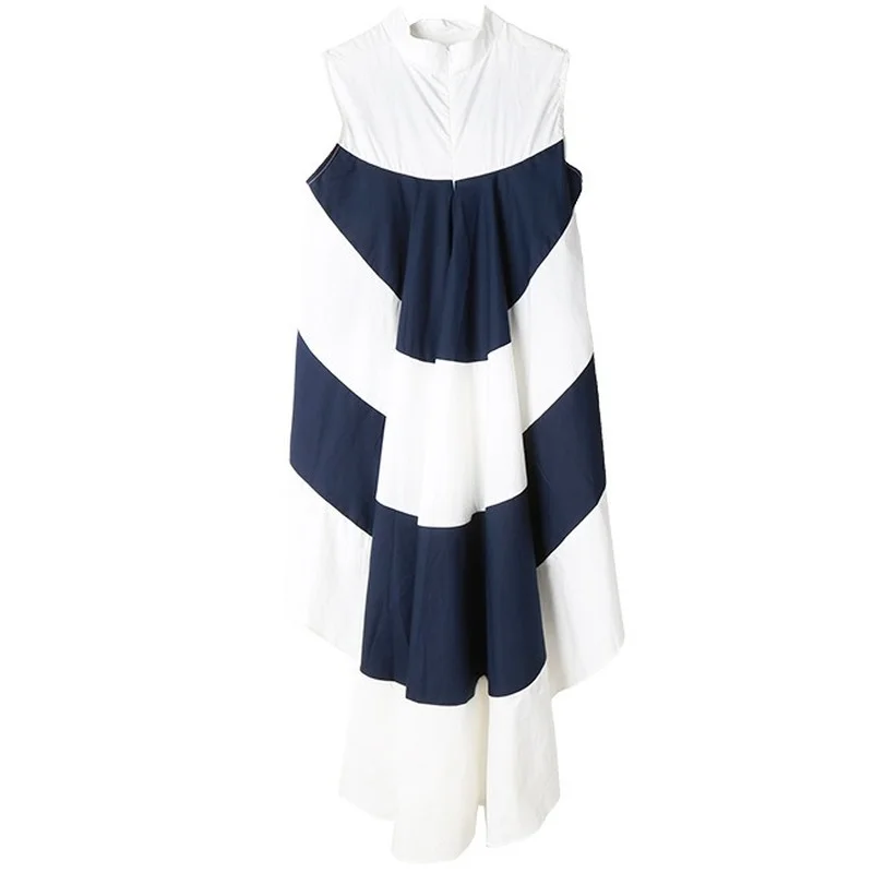 

2021 New Spring Stand Collar Sleeveless Chiffon Blouses Blue Striped Big Hem Irregular Loose Shirt Women Blouse Fashion Tide