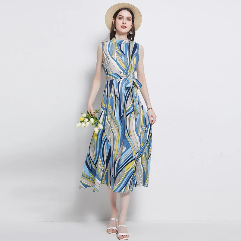 

WTIANYUW 2021 Vintage Elegant Geometric Printing Women Summer Dress A Line Casual Midi Long Vestidos Streetwear Fashion Clothes